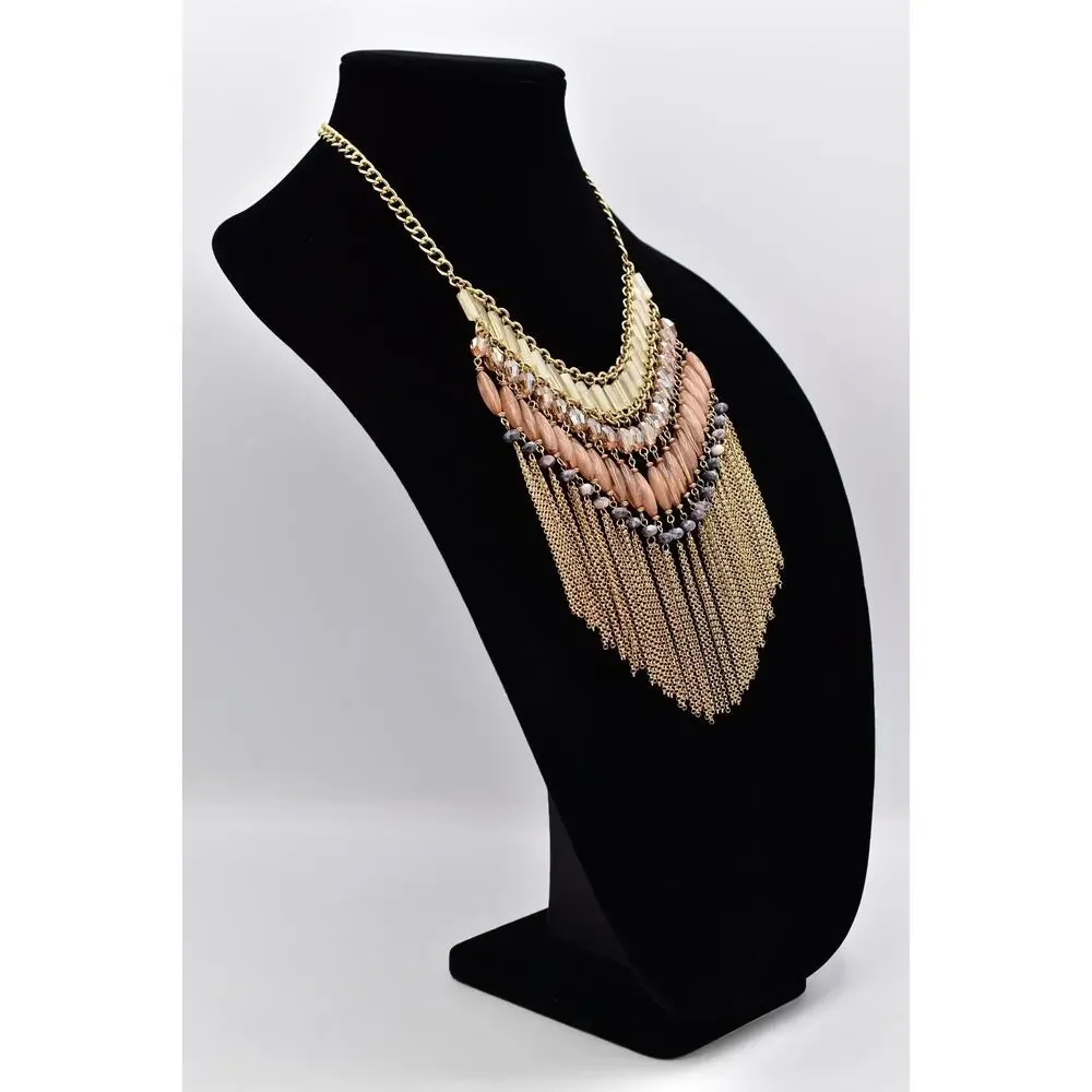 Vintage Fringe Statement Necklace Gold Peach Glass Beads Layered Boho Y2K BinBL